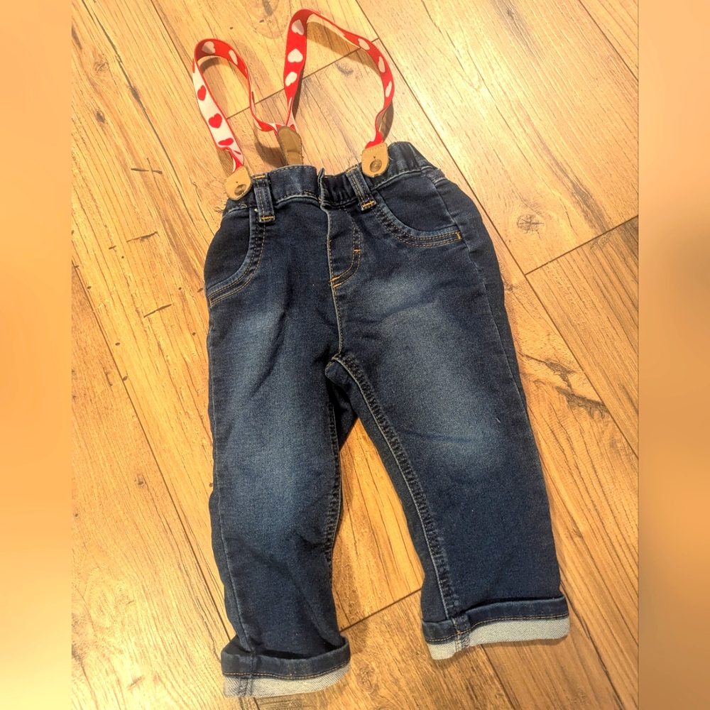 Cat & Jack 18 month Denim Jeans with Red heart ♥️ Suspenders
